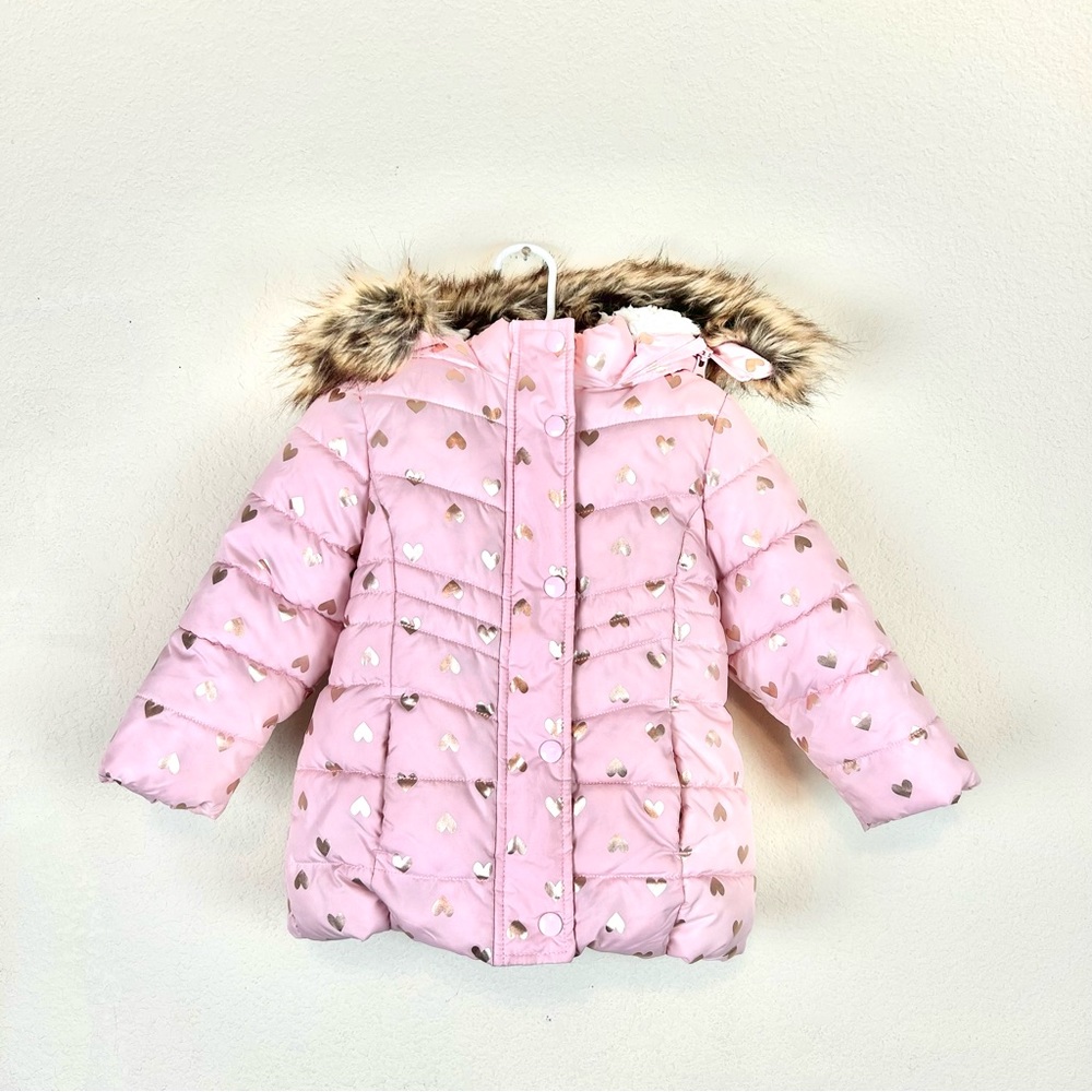Cozy Puffer Coat in Pink with Hearts by Member Mark